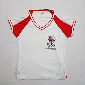 Vintage  Montana Graphic Tee Le Riche Red White V-Neck Womens Medium Shirt